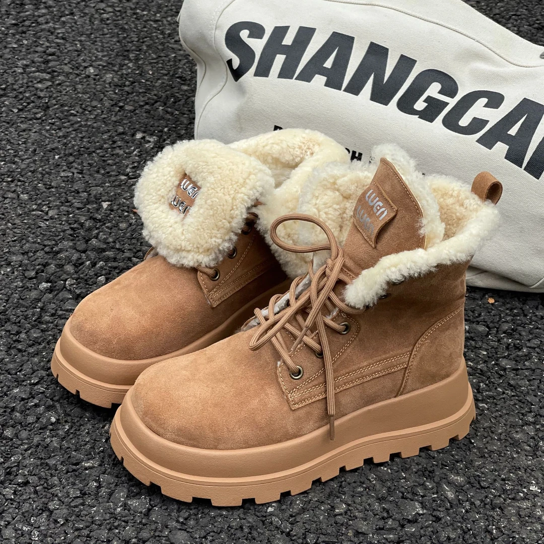 真皮系带工装马丁靴女秋冬翻领两穿雪地棉靴防滑厚底松糕休闲女鞋