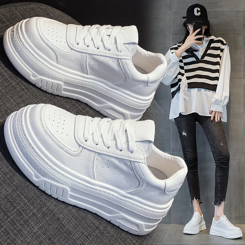 6厘米松糕厚底小白鞋女真皮2025春季新款百搭平底休闲鞋增高板鞋