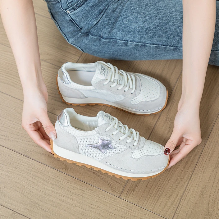 真皮网面透气德训鞋女2024夏季新款舒适百搭透网运动鞋平底阿甘鞋