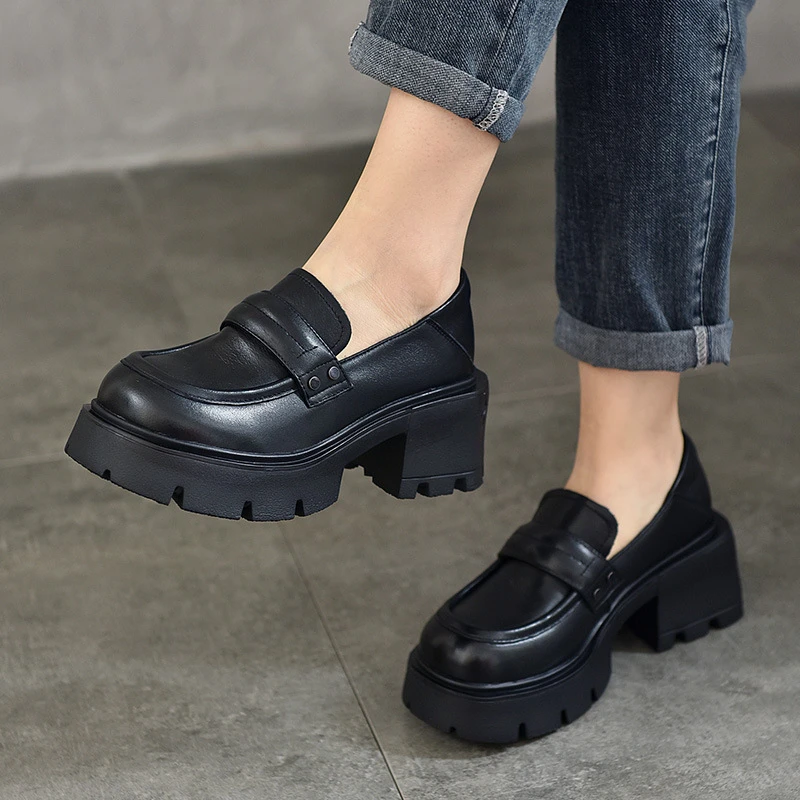 真皮英伦风小皮鞋女粗跟百搭单鞋2024春季新款厚底一脚蹬女乐福鞋