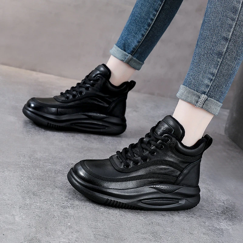 秋冬新款头层牛皮系带复古运动休闲鞋高帮厚底棉鞋女真皮单鞋加棉