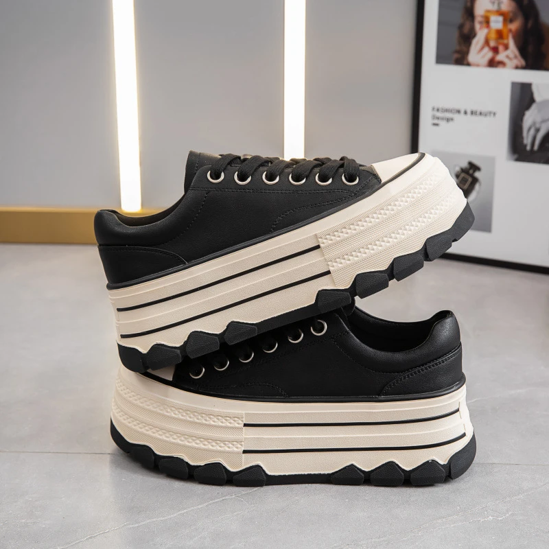 真皮厚底板鞋女2025年秋季新款松糕鞋小个子休闲增高显腿长女单鞋