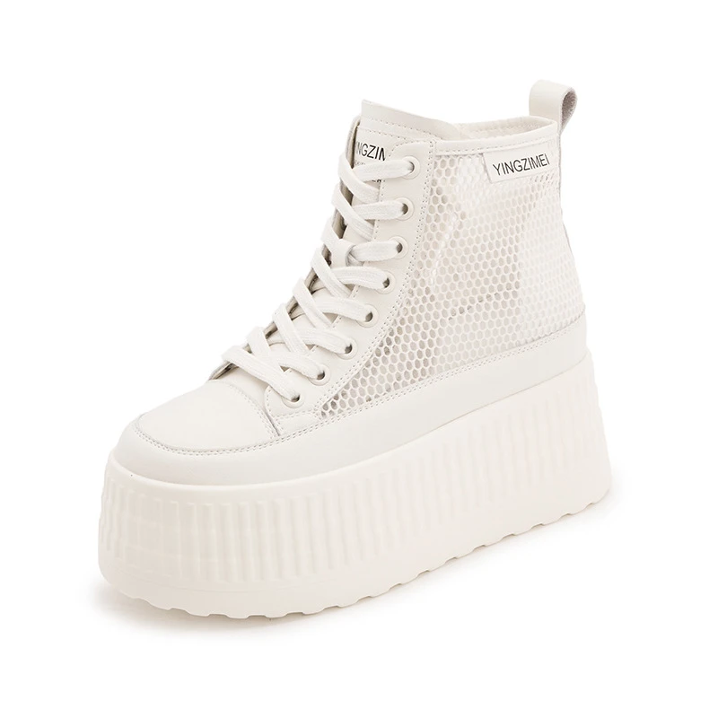 高帮小白鞋女2024夏季新款透气网面真皮百搭厚底内增高时尚休闲鞋