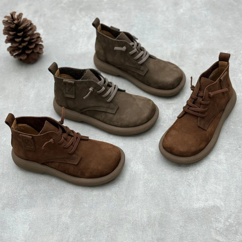 复古文艺真皮短靴2024秋冬新款圆头松紧带平底单靴头层牛皮马丁靴