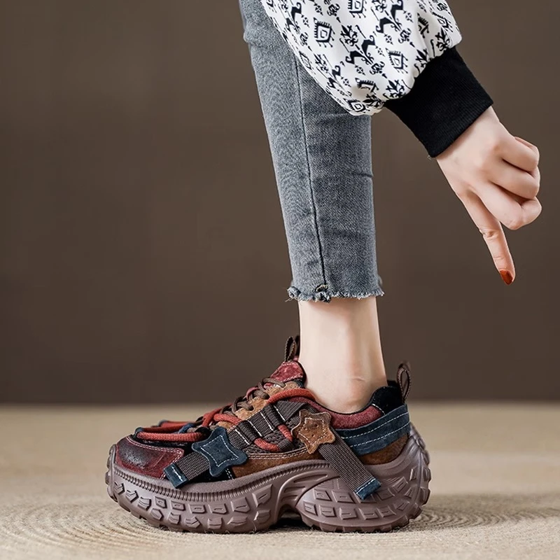 真皮榴莲轮胎底炸街老爹鞋女2024秋季爆款擦色做旧增高厚底运动鞋