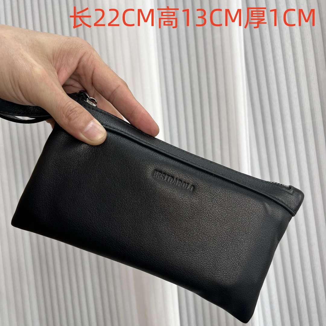 新款男士细纹真皮小手抓包长款钱包男士高品质黑色头层牛皮百搭包