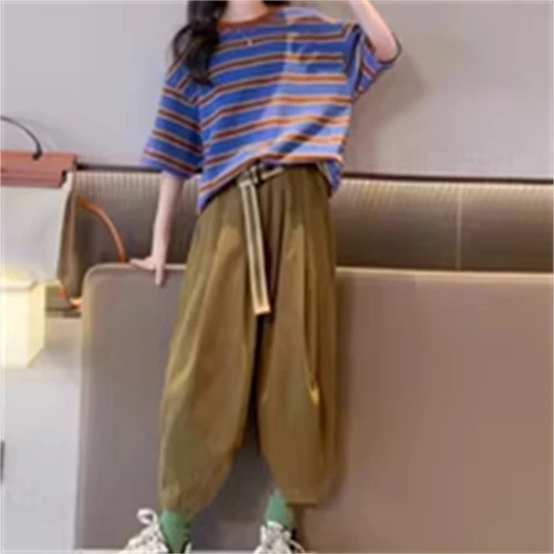 儿童童装韩版百搭条纹束脚裤套装