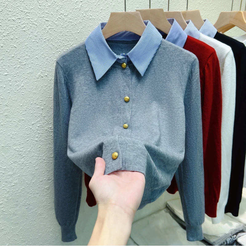 衬衫领拼接假两件长袖针织开衫毛衣外套女春秋冬新款内搭打底上衣