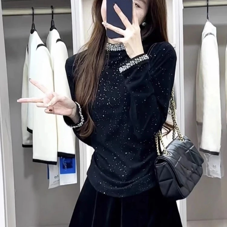 重工钉珠细闪打底衫女春秋冬季加厚德绒长袖T恤黑色修身内搭上衣