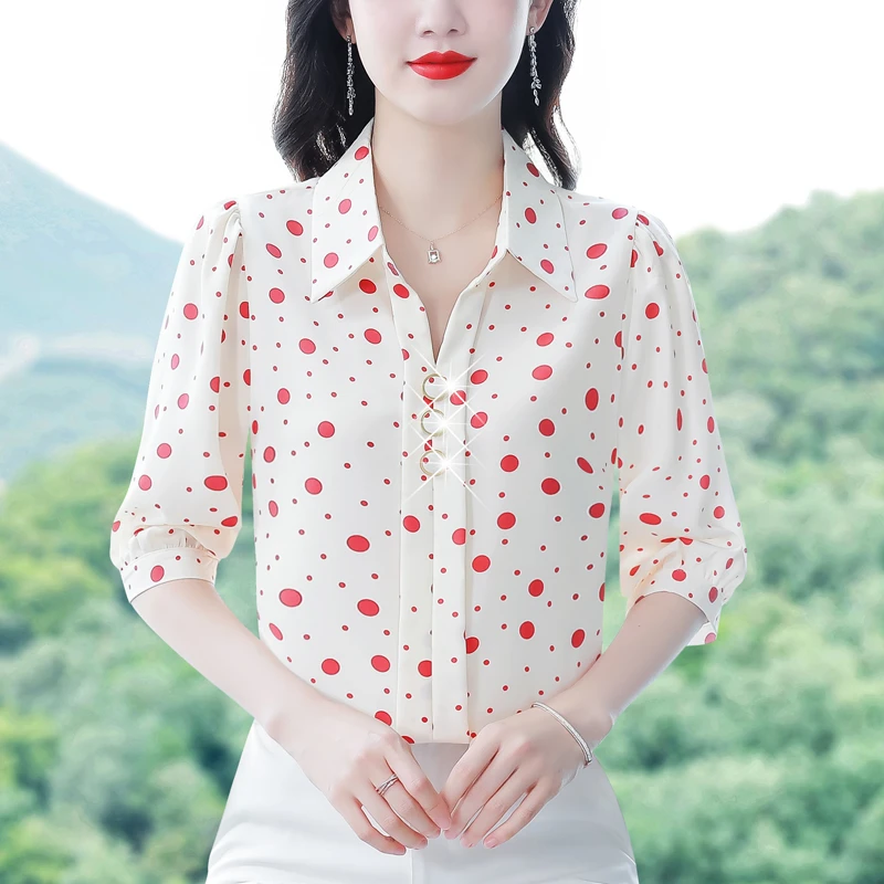 波点雪纺衬衫女2025夏季新款七分袖印花时尚减龄洋气显瘦小衫女