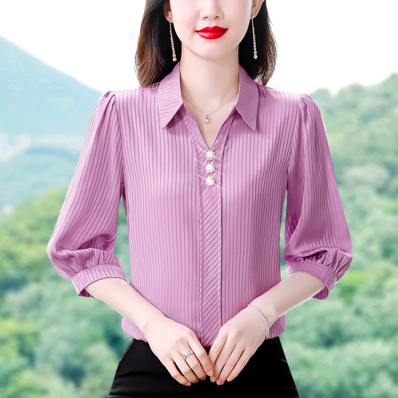 雪纺衫女2023夏季新款洋气女士七分袖衬衣短款百搭时尚气质上衣