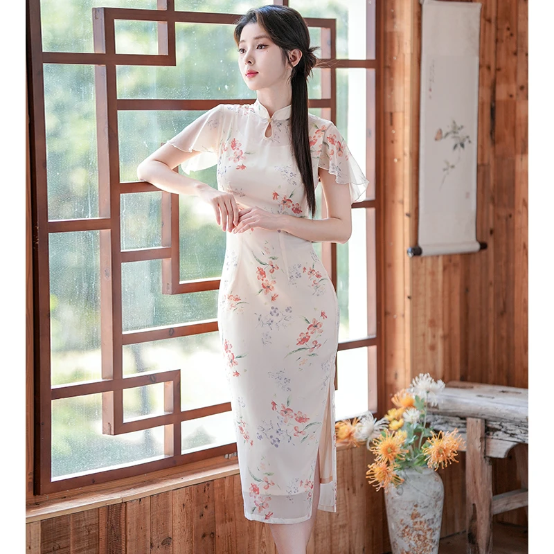 尘记旗袍【扶夏】现货夏季新款改良款旗袍气质优雅日常可穿连衣裙女