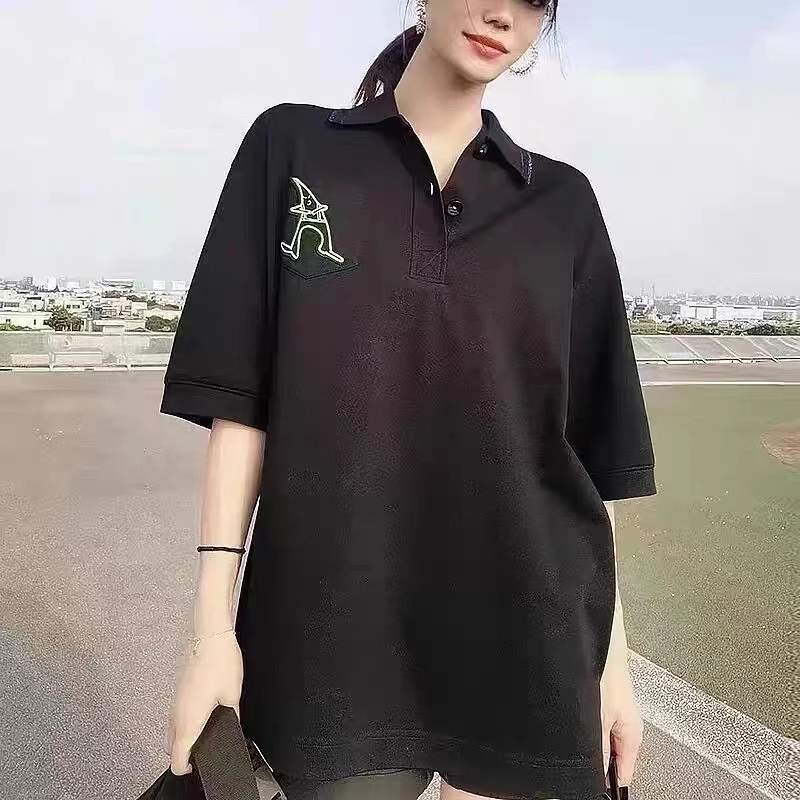 新款套头宽松口袋POLO衫中长款短袖T恤女上衣 5300834