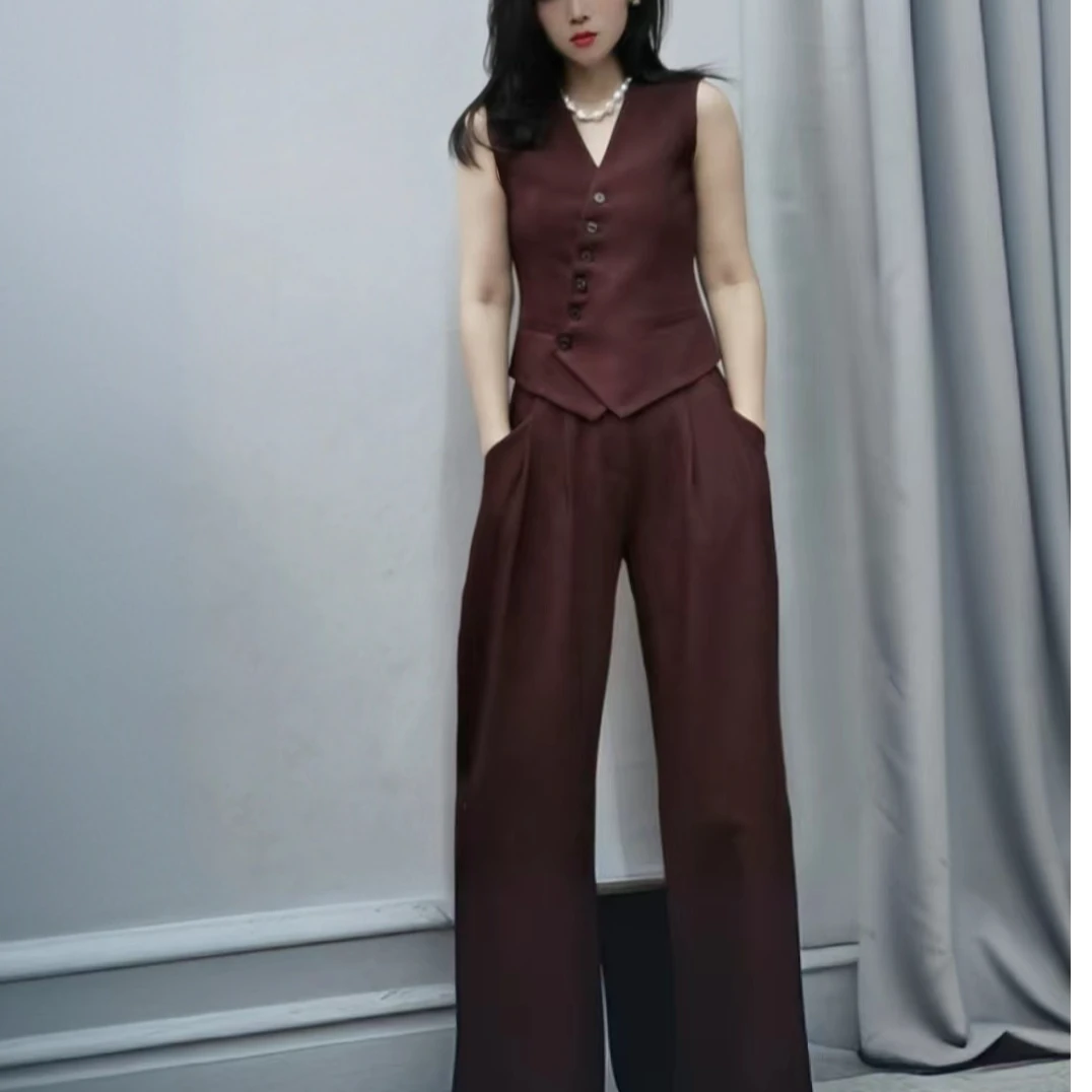 《觅香探红》小众设计秋冬时尚气质显瘦百搭无袖马甲阔腿裤套装