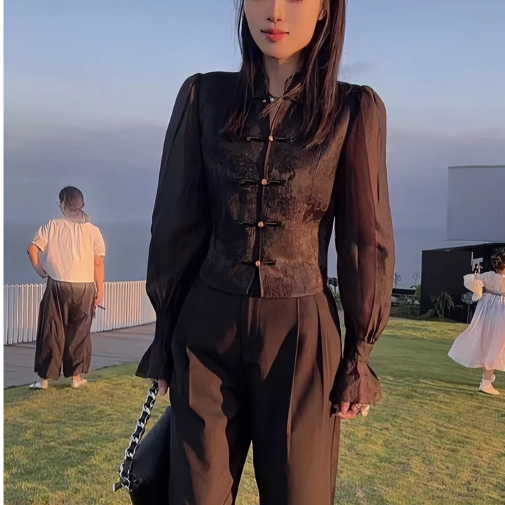 《觅香探红》小众设计秋款气百搭新中式国风假两件衬衫袖马甲外套