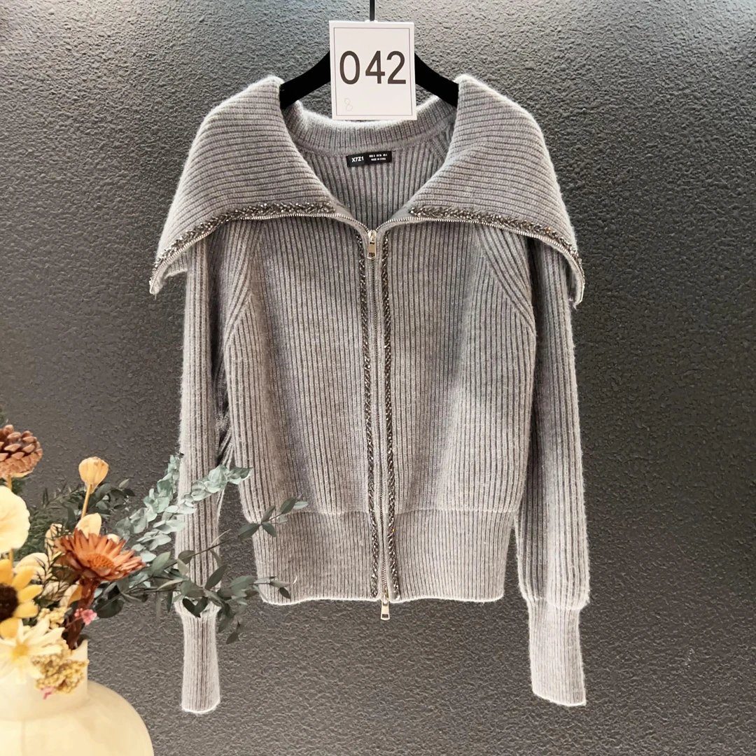 高端定制042重工烫钻拉链毛衣外套时尚女装秋冬上衣2024时尚