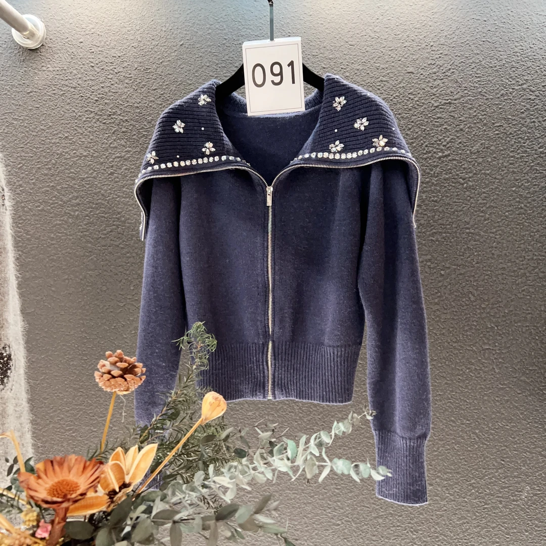 蓝色翻领开衫连帽爆款冬季外衣高端定制091 重工钻饰上衣外套