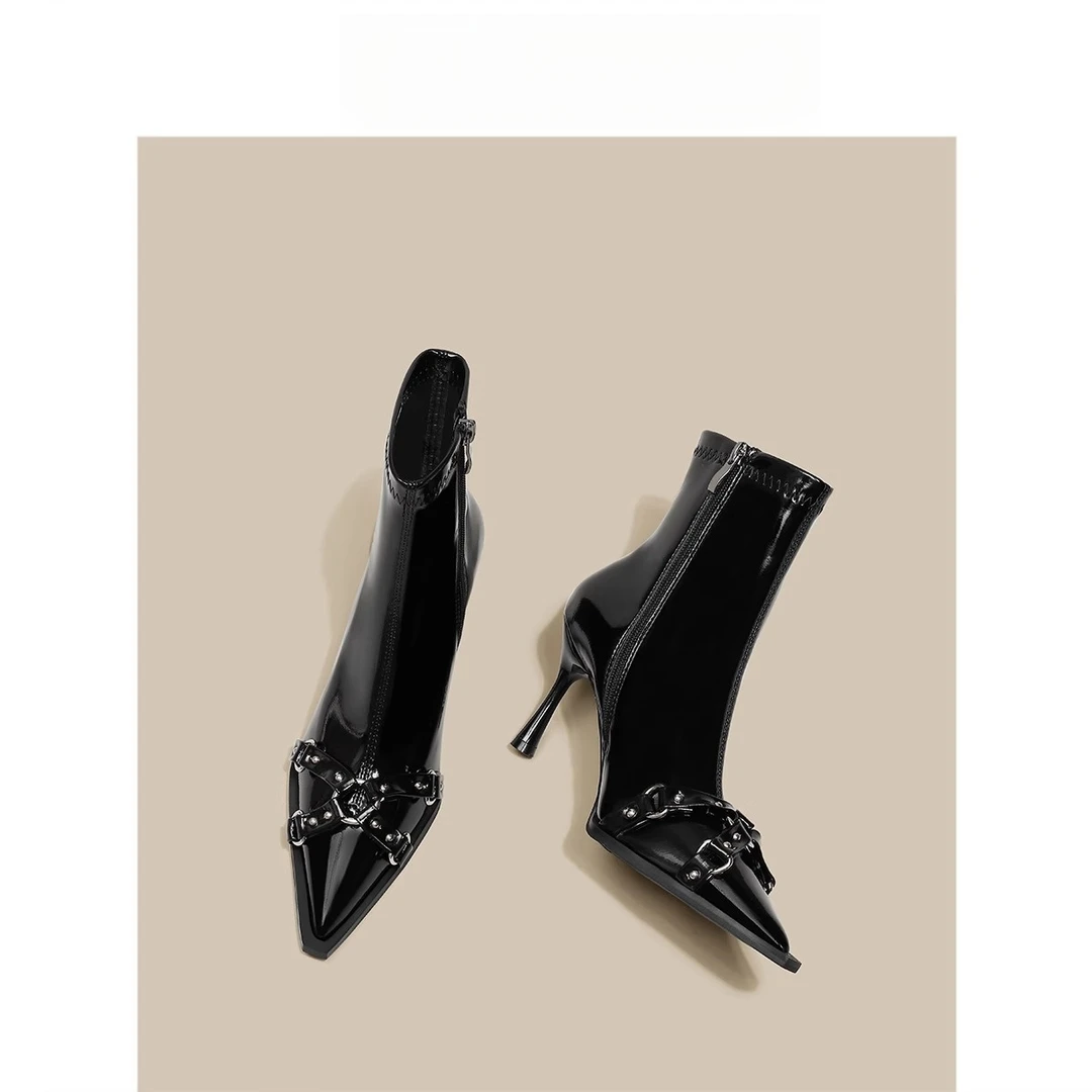 黑色尖头细跟短靴女法式气质高跟瘦瘦靴子2025秋冬季新款百搭单靴