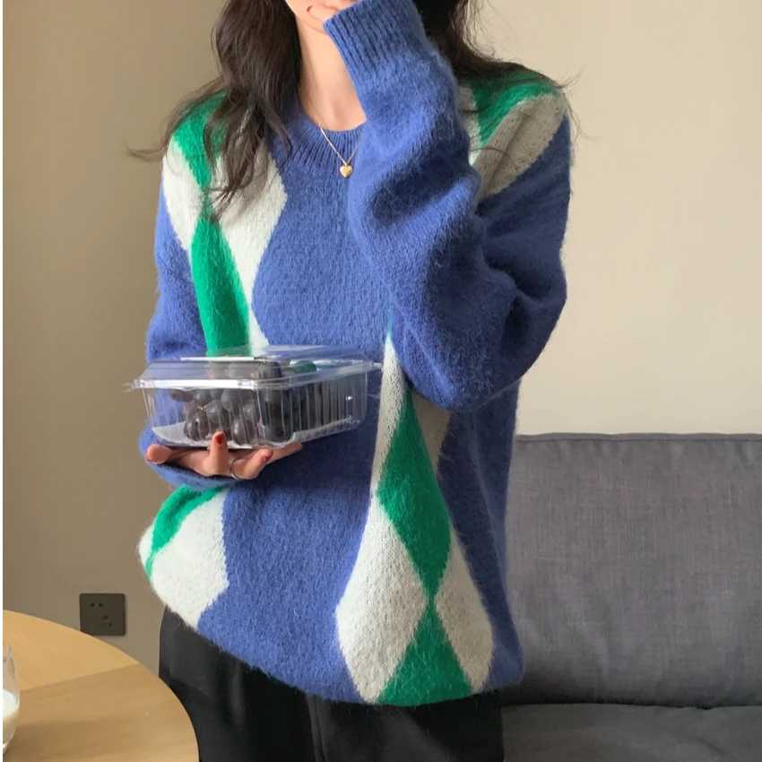 蓝色软糯外穿韩版毛衣女秋冬2024新款宽松菱格提花毛织套头衫上衣