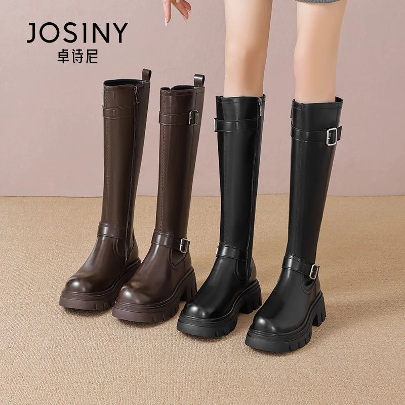 卓诗尼厚底骑士靴女2024新款秋冬西部牛仔靴黑色皮靴不过膝长筒靴