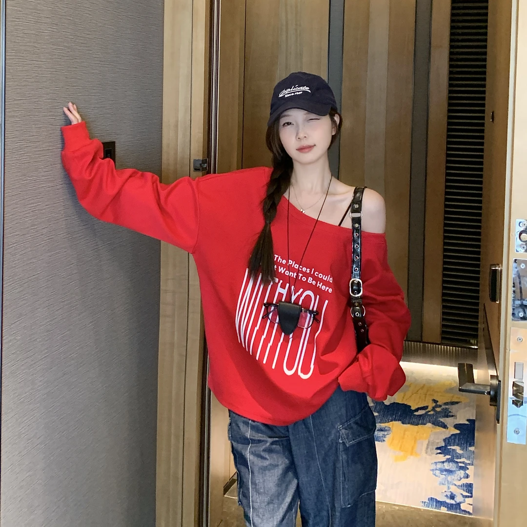 早秋大码女装斜肩露肩印花T恤卫衣胖MM独特超好看两面穿长袖上衣