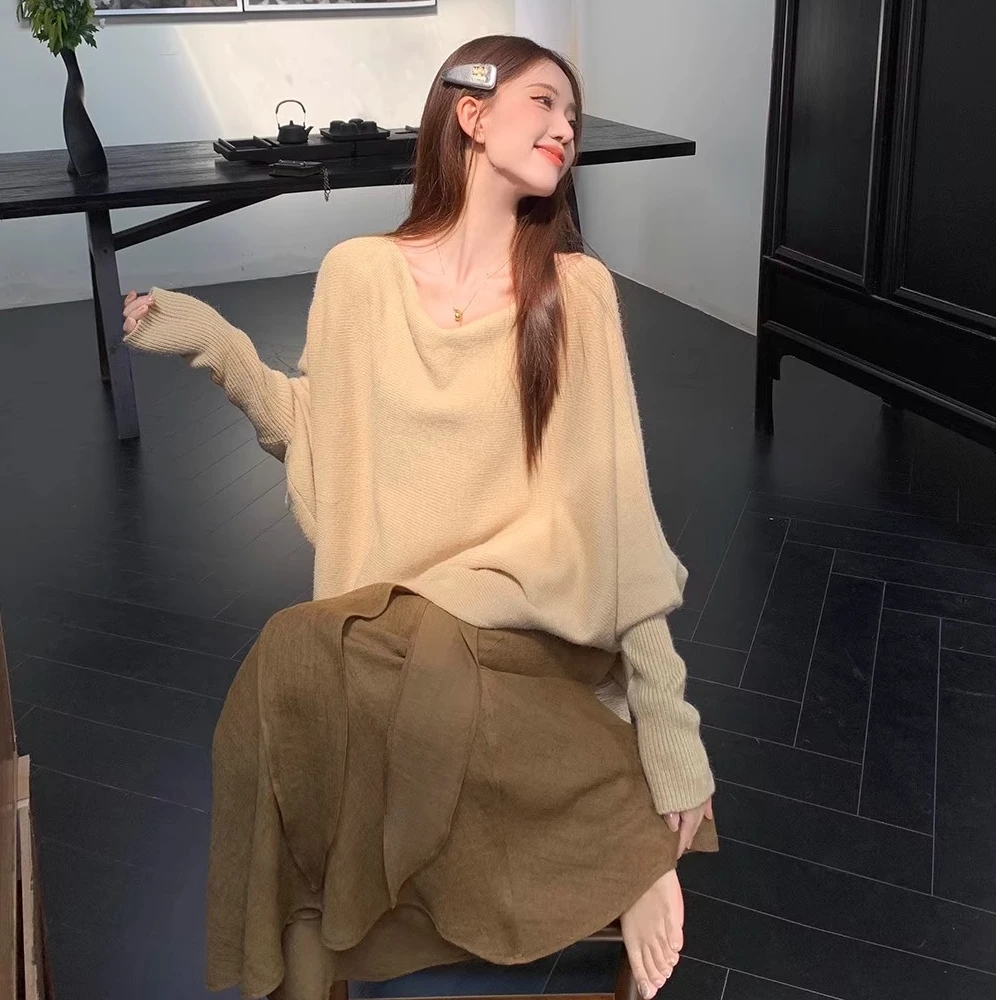 微胖mm气质小众不规则慵懒风针织毛衣女春秋大码蝙蝠袖打底衫上衣