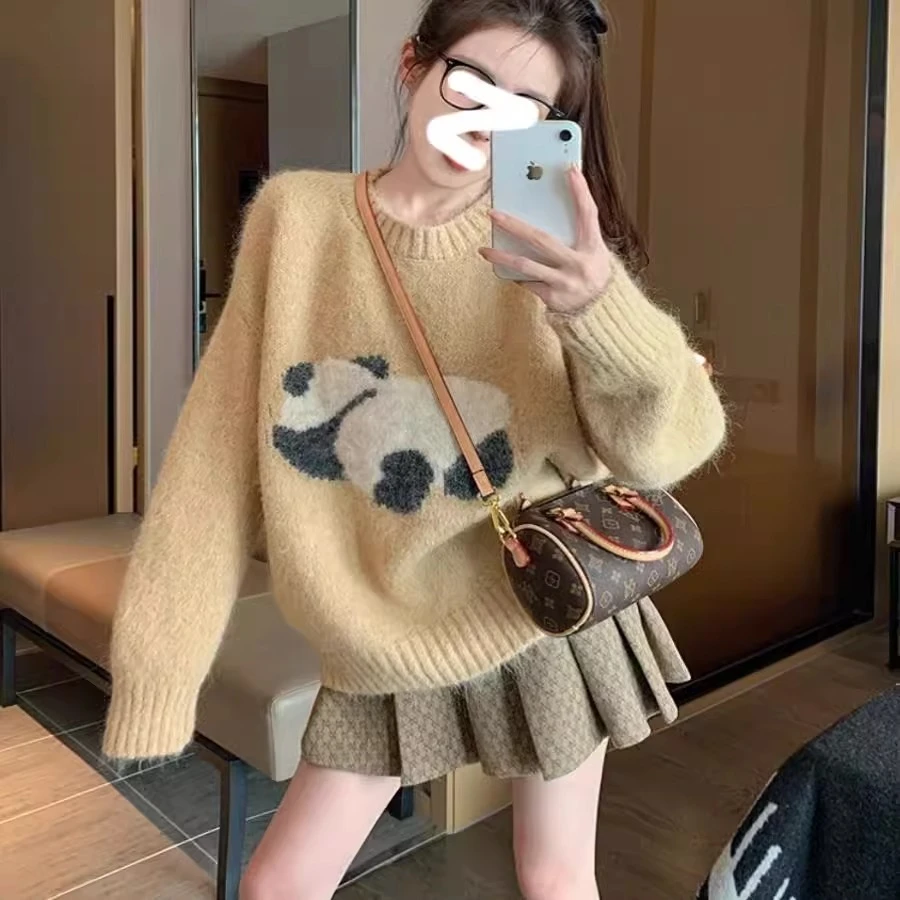 慵懒风宽松熊猫加厚毛衣女秋冬季大码胖mm显瘦宽松打底针织衫上衣