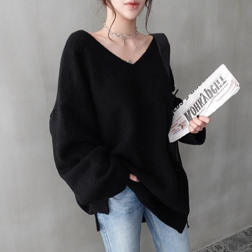 日系毛衣设计感洋气百搭V领宽松上衣春秋大码韩版慵懒打底针织衫