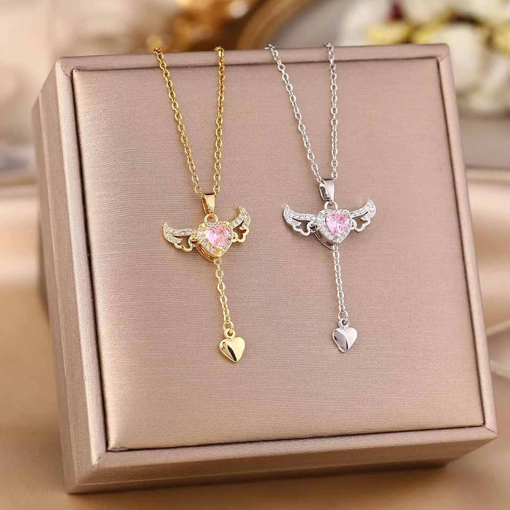 钛钢项链 丘比特天使之翼流苏爱心吊坠项链女会动小翅膀锁骨链ins