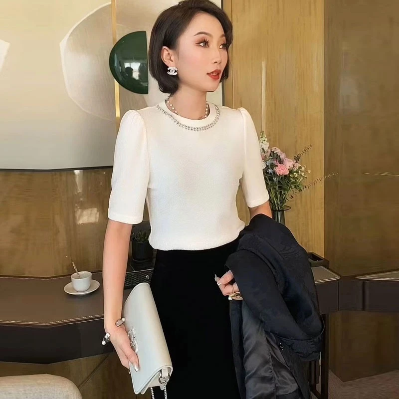 法式t恤女设计感圆领重工钉珠2025夏季新款修身百搭高端上衣潮