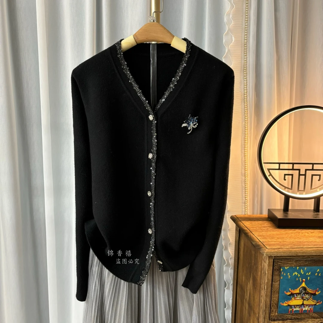 【V548-1鸡心领软珠边】欧货重工气质显瘦针织衫开衫毛衣外套