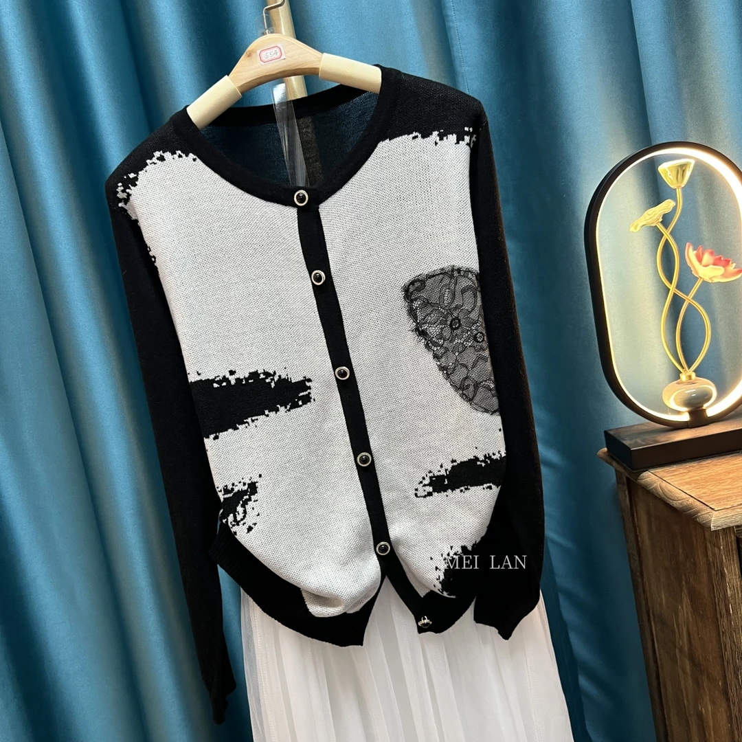 【V19圆领】国风水墨蕾丝刺绣圆领大码百搭针织衫开衫外套女