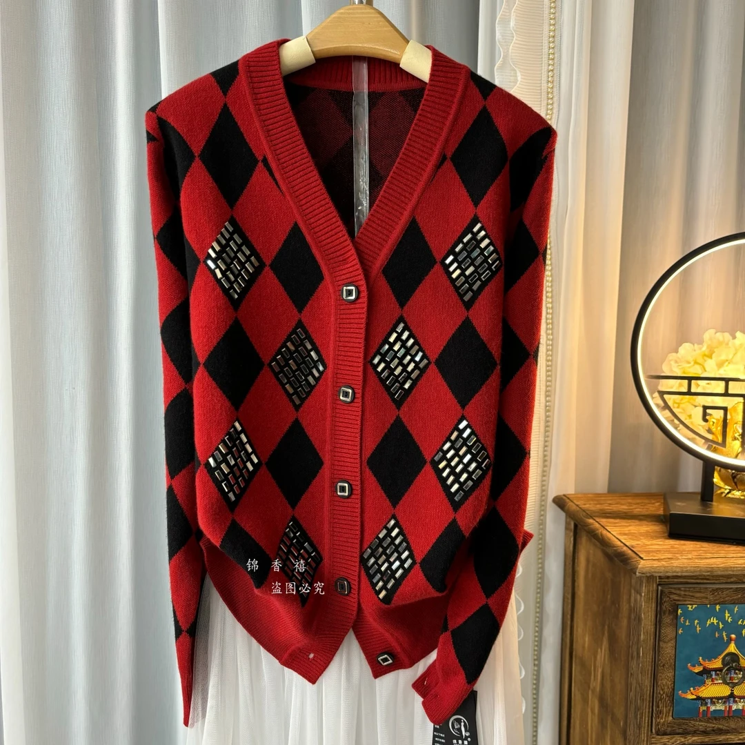 【A112红色】秋冬新款重工撞色系百搭轻奢宽松显瘦针织开衫