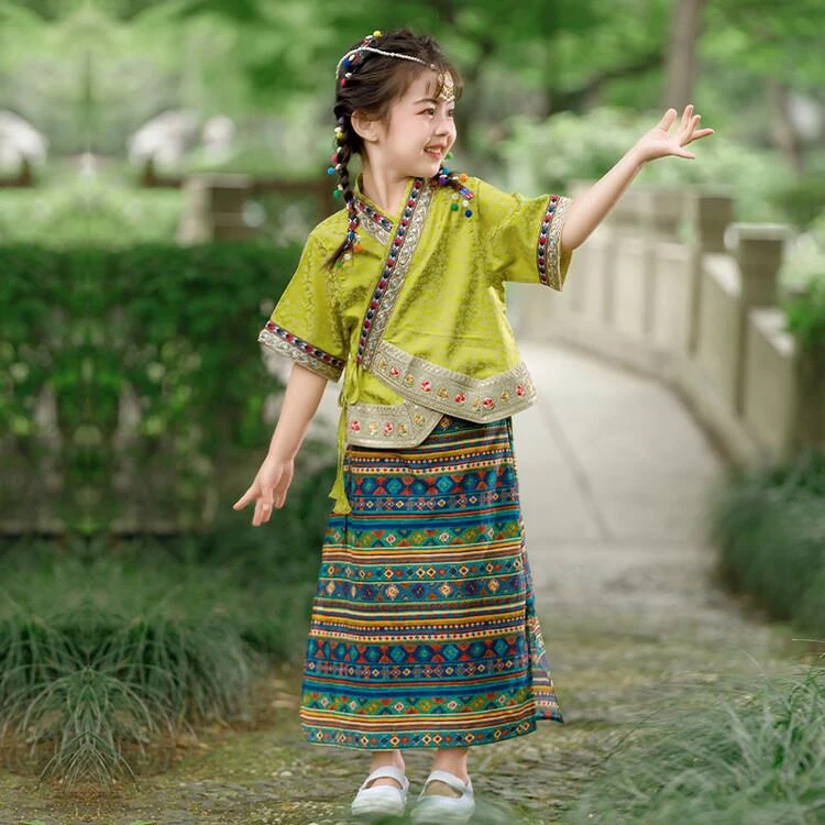 傣族服装儿童女夏季套裙云南少数民族旅游改良汉服薄款女童两件套