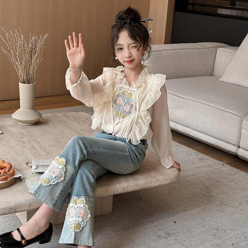 女童国风套装2025新款洋气大童时髦新中式衬衫儿童牛仔裤两件套潮