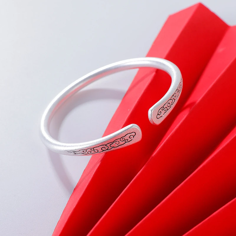 足银手镯 A02祥云开口手镯日韩简约百搭实心复古手工磨砂传承