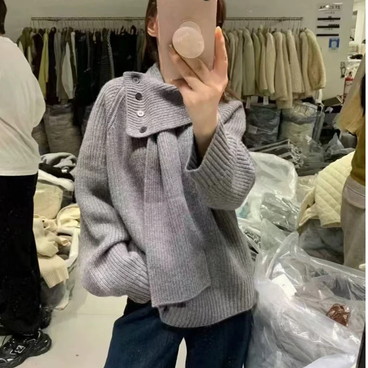 设计感纽扣围巾宽松两件套欧洲站2024冬季新款欧货针织衫毛衣