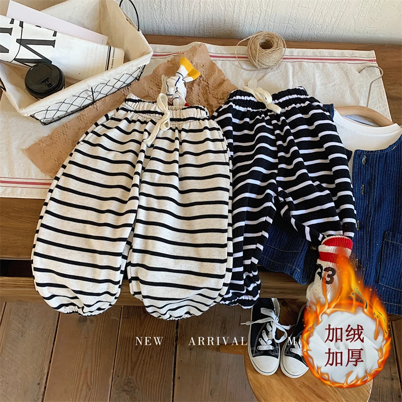儿童裤子春秋新款时髦条纹款宝宝秋冬加绒卫裤男宝休闲加厚长裤