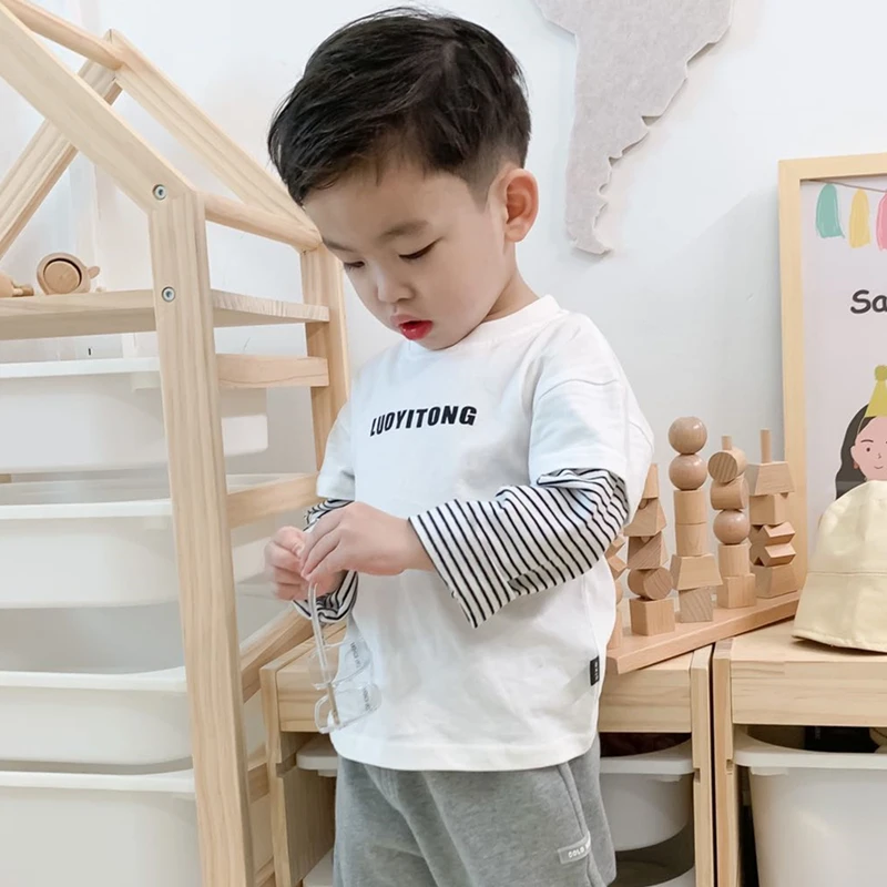 纯棉儿童长袖T恤春秋条纹假两件打底衫男童宝宝春秋季上衣潮