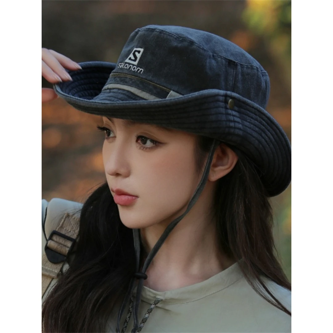 西部牛仔帽女复古水洗抽绳渔夫帽户外遮阳帽夏季露营登山帽男