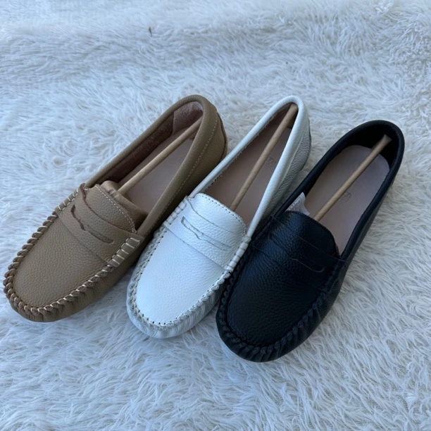 【皮带扣亮面】真皮豆豆鞋女春秋新款百搭平底单鞋软底一脚蹬乐福鞋