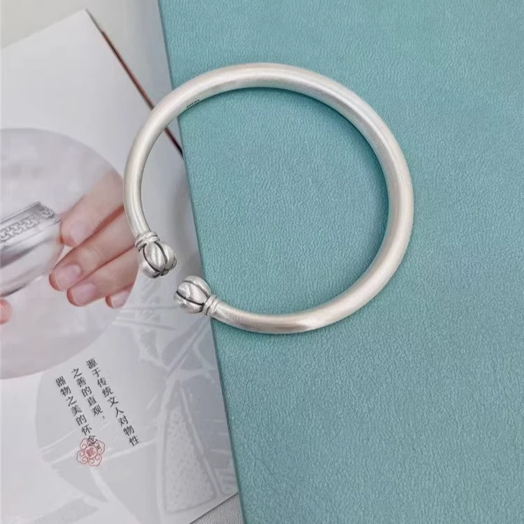 足银手镯 实心磨砂南瓜头手镯开口手镯可调节素款手镯