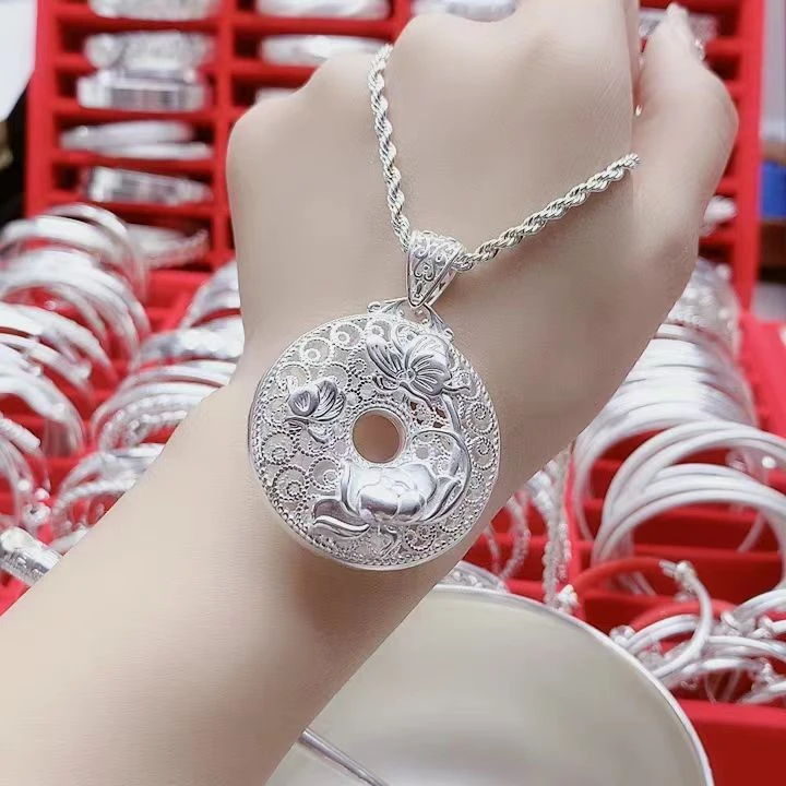坠链均足银 双面风蝶恋花平安扣时尚长款纯手工实心项坠【送项链】
