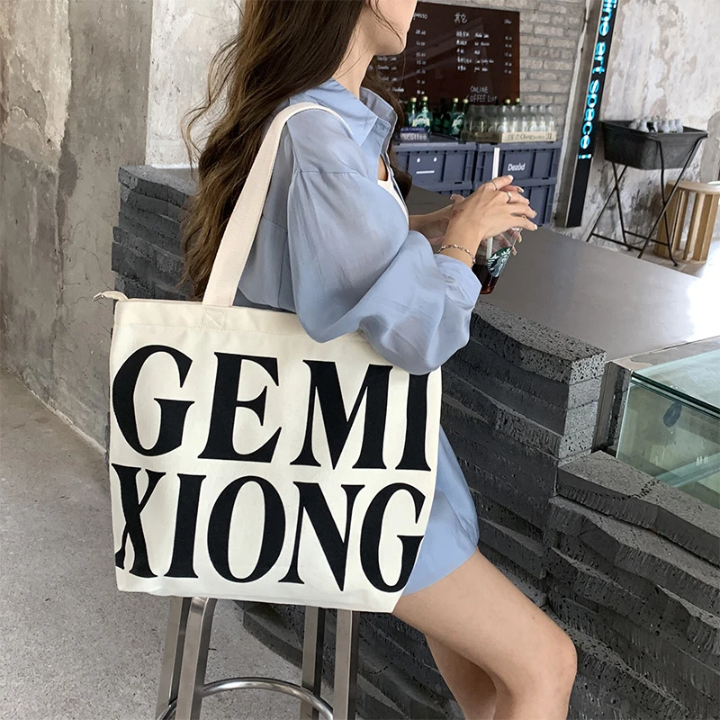 韩版帆布包ins风大容量单肩手提袋学生上课原创百搭字母单肩包女