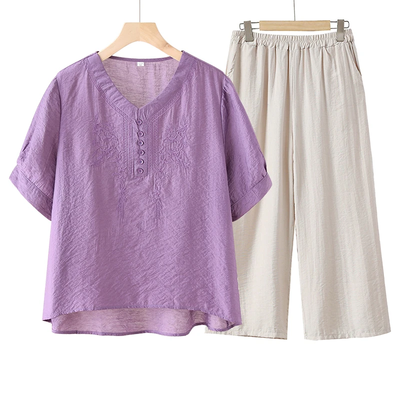 套装女2025新款裤子刺绣圆领夏季新款丝麻套装33079