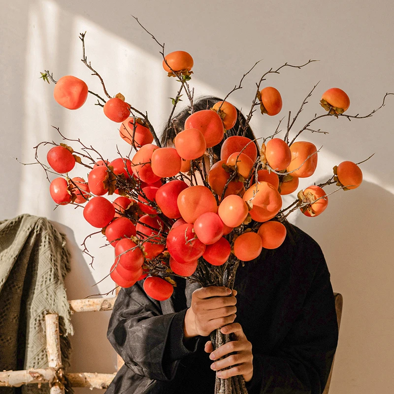 柿柿如意仿真柿子果实树枝假花摆件客厅装饰摆设干花插花花束
