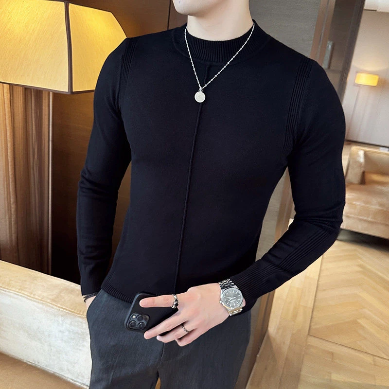 半高领毛衣男长袖秋冬季高级感英伦风修身百搭纯色中领针织打底衫