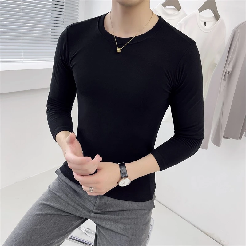 秋冬季男士双面德绒长袖打底衫韩版潮流修身纯色内搭T恤保暖内衣