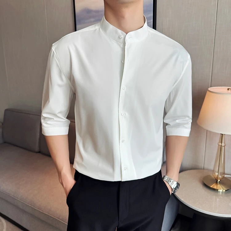 新中式立领五分袖衬衫男士夏季潮流修身垂感抗皱中袖衬衣韩版休闲