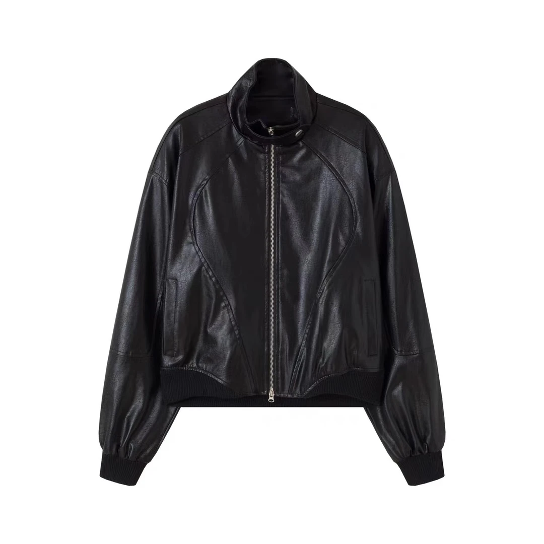 F6-4两色“领扣”皮外套上衣